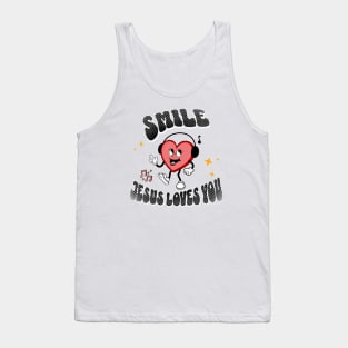 Smile Jesus Loves You - Groovy Heart design: Black text color with a cheerful heart smiley face Tank Top